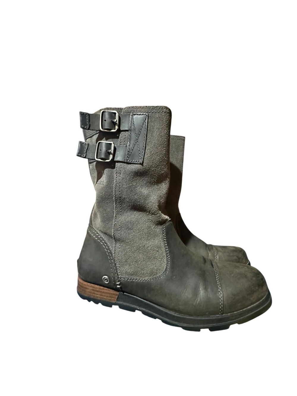 Sorel Major Pull On Boots Womens Sz 8 Biker Buckle Strap Mid-Calf Comfort Gray
